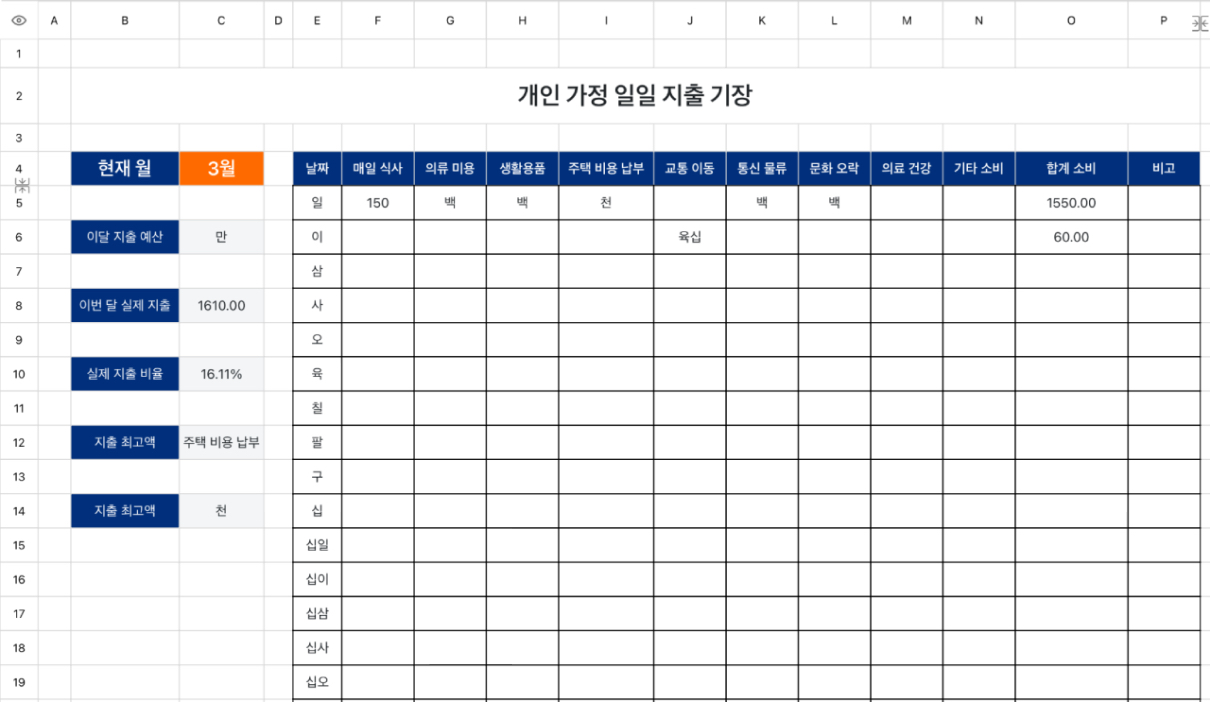 개인 가정 일일 지출 기장